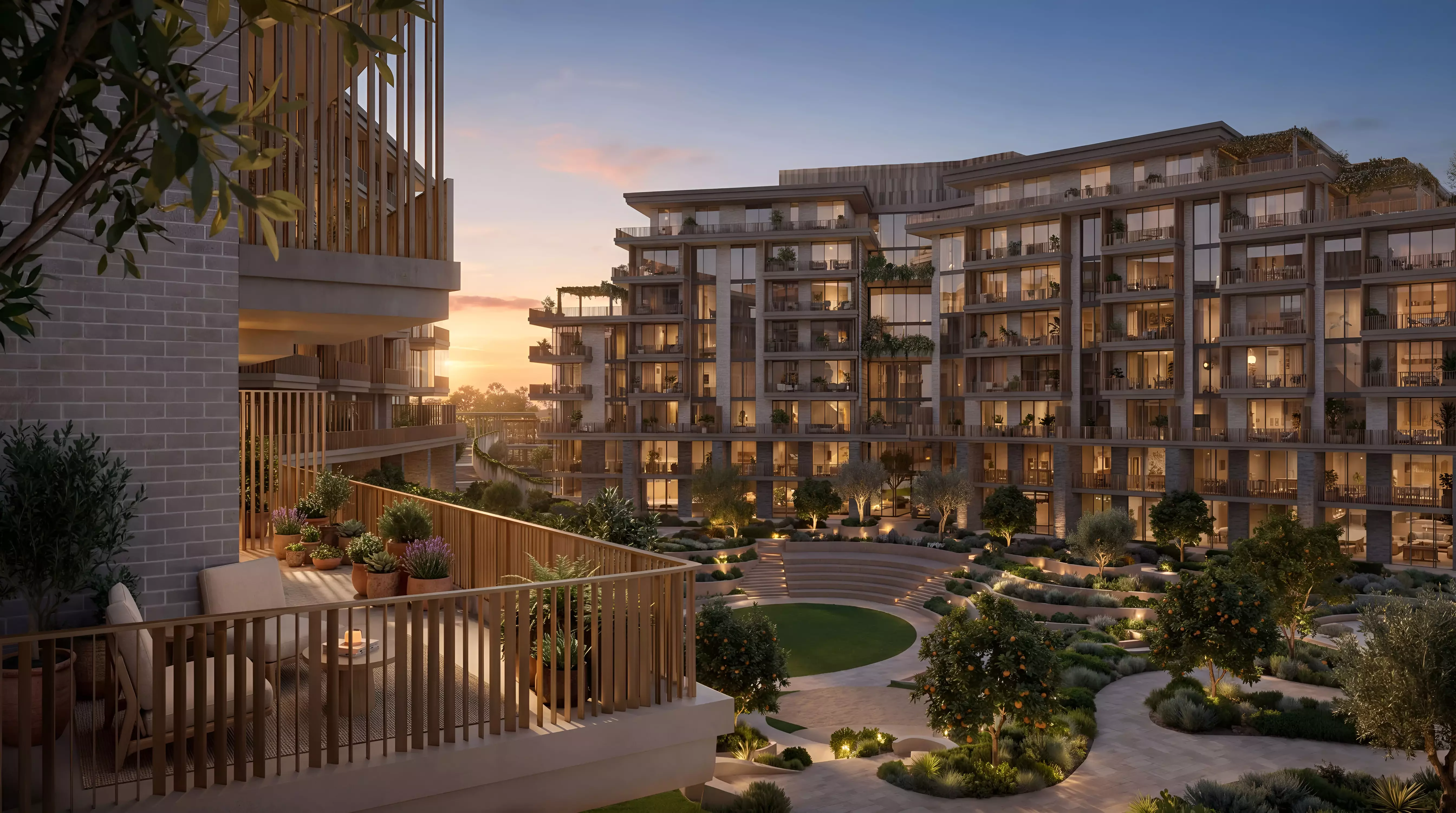 Impressie van Arancia Yards, appartementen van Beyond in City of Arabia, Dubai