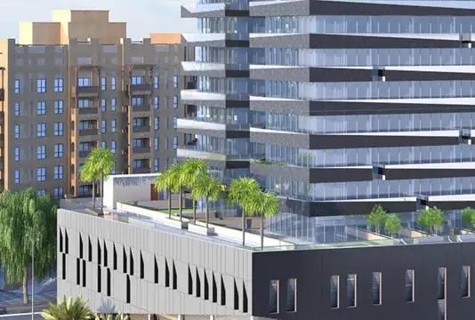 Impressie van The Matrix Tower, woningen van The First Group in Dubai Sports City, Dubai