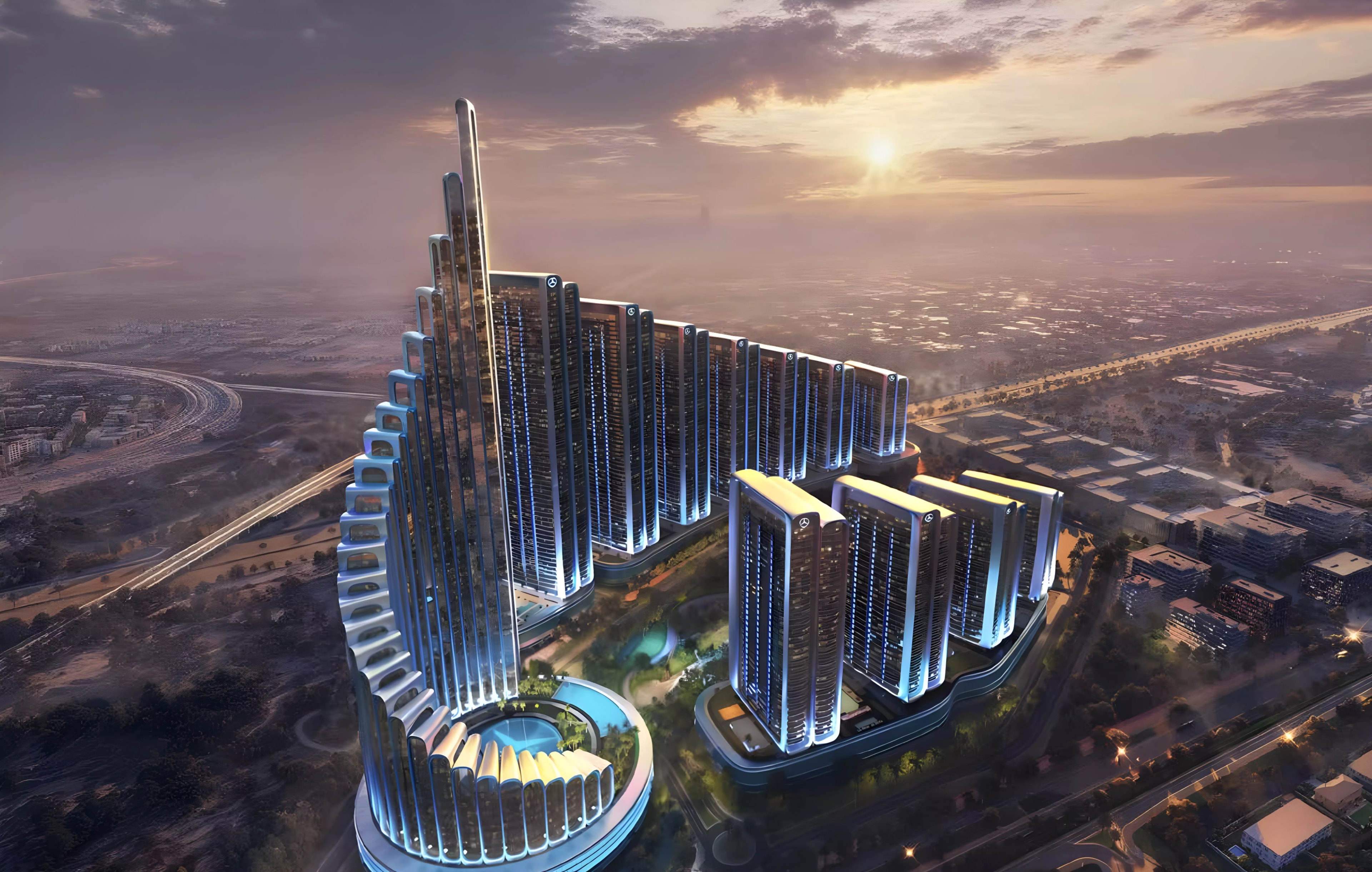 Impressie van Mercedes Benz AMG Vision, appartementen van Binghatti Developers in Nad Al Sheba, Dubai