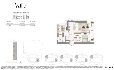 Plattegrond van 2 slaapkamers in Valia Tower