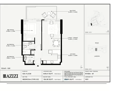 Plattegrond van 1 slaapkamer in Azizi Riviera 49
