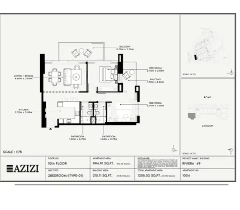 Plattegrond van 2 slaapkamers in Azizi Riviera 49