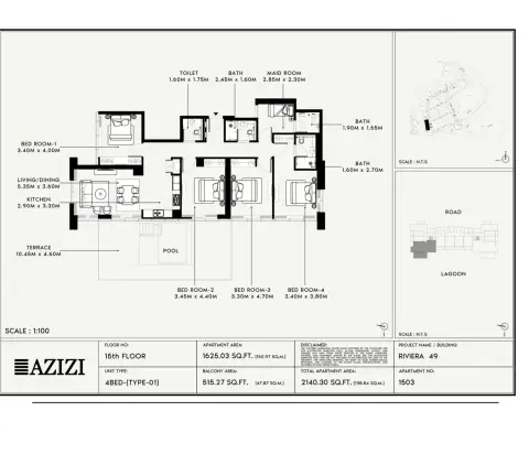 Plattegrond van 4 slaapkamers in Azizi Riviera 49