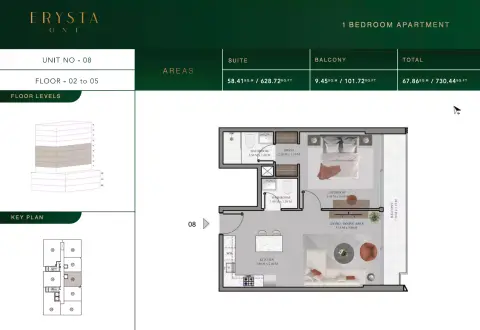 Plattegrond van 1 slaapkamer in Arista one