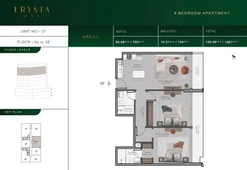 Plattegrond van 2 slaapkamers in Arista one