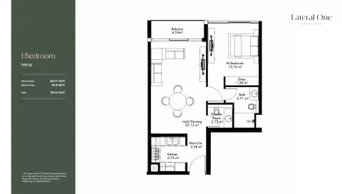 Plattegrond van 1 slaapkamer in Lateral One