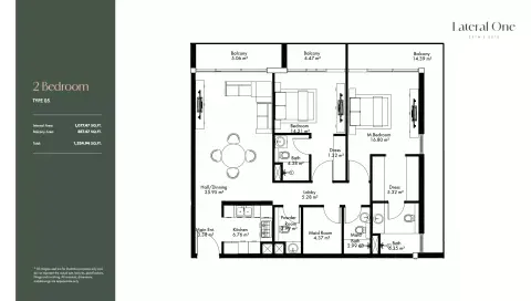 Plattegrond van 2 slaapkamers in Lateral One