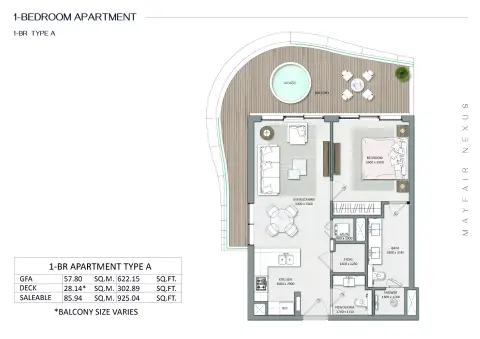 Plattegrond van 1 slaapkamer in Mayfair Nexus