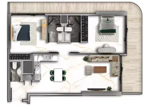 Plattegrond van 2 slaapkamers in 77 Shades