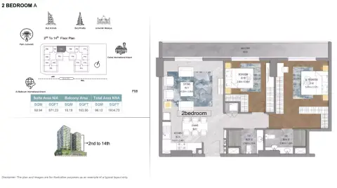 Plattegrond van 2 slaapkamers in Forest City Tower