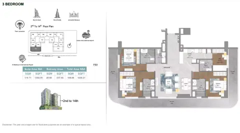 Plattegrond van 3 slaapkamers in Forest City Tower