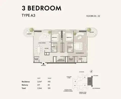 Plattegrond van 3 slaapkamers in W Residences at JLT By Signature