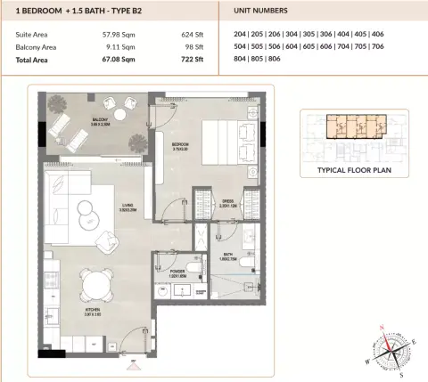 Plattegrond van 1 slaapkamer in Enso Amber