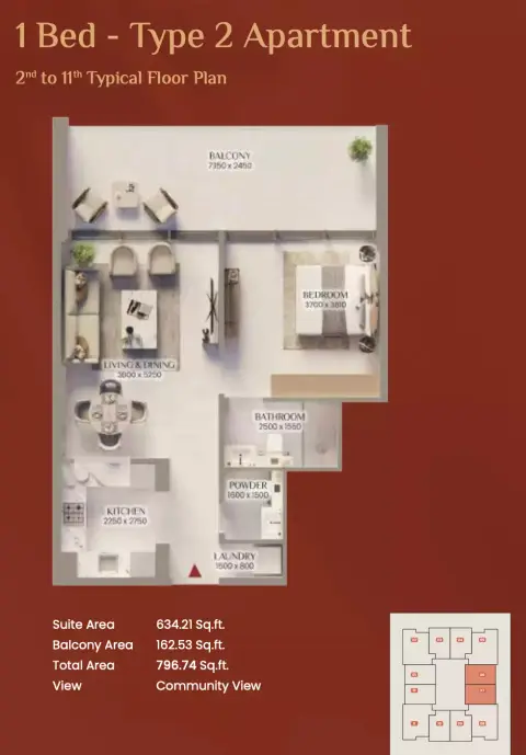 Plattegrond van 1 slaapkamer in Bliss Tower