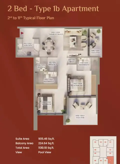 Plattegrond van 2 slaapkamers in Bliss Tower