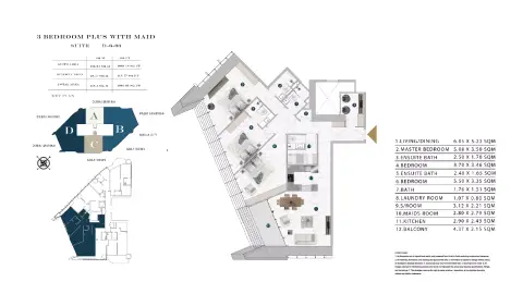 Plattegrond van 3 slaapkamers in Franck Muller Vanguard