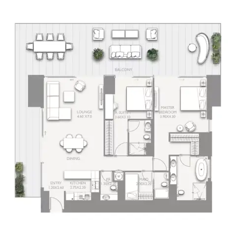 Plattegrond van 2 slaapkamers in Fairmont Residences Solara Tower By Sol