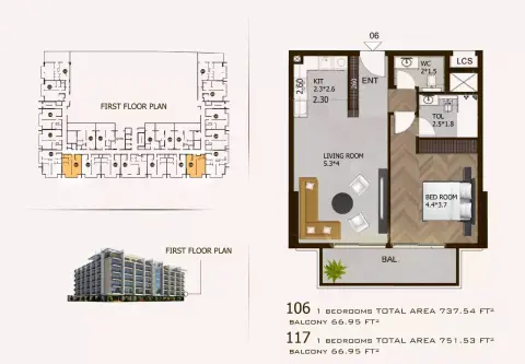 Plattegrond van 1 slaapkamer in Sports View Residence