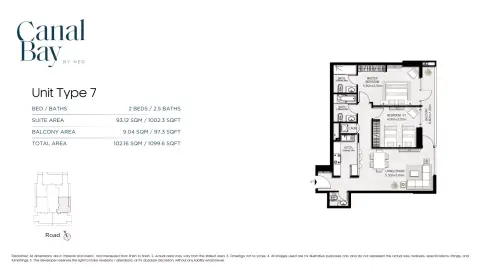Plattegrond van 2 slaapkamers in Canal Bay