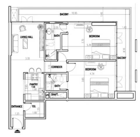 Plattegrond van 2 slaapkamers in La Residence By Zarwah