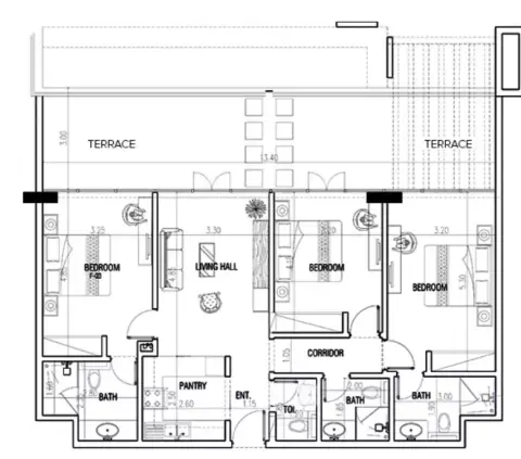 Plattegrond van 3 slaapkamers in La Residence By Zarwah
