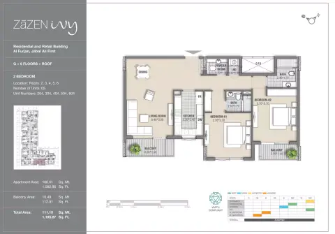 Plattegrond van 2 slaapkamers in Zazen Ivy