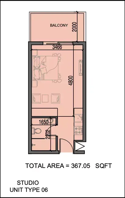 Plattegrond van Studio in Al Haseen Residence Phase 3 By Dugasta