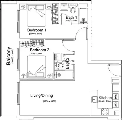 Plattegrond van 2 slaapkamers in Trafford Residence