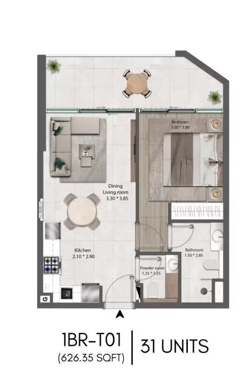 Plattegrond van 1 slaapkamer in The Harmony
