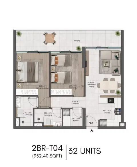 Plattegrond van 2 slaapkamers in The Harmony