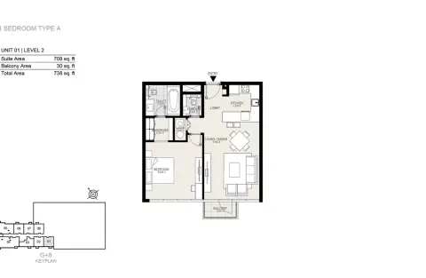 Plattegrond van 1 slaapkamer in The Residences at District One