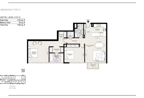 Plattegrond van 2 slaapkamers in The Residences at District One