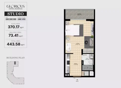 Plattegrond van Studio in Glorious Central Residences