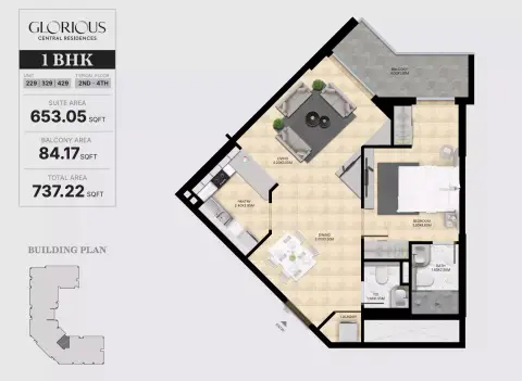 Plattegrond van 1 slaapkamer in Glorious Central Residences