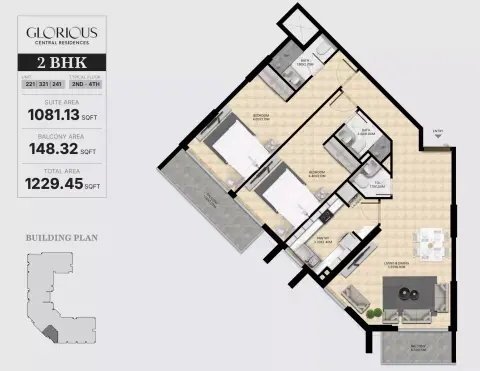 Plattegrond van 2 slaapkamers in Glorious Central Residences