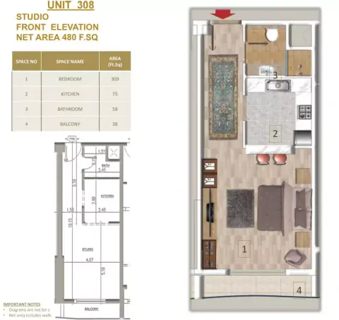 Plattegrond van Studio in The Maiden Residence