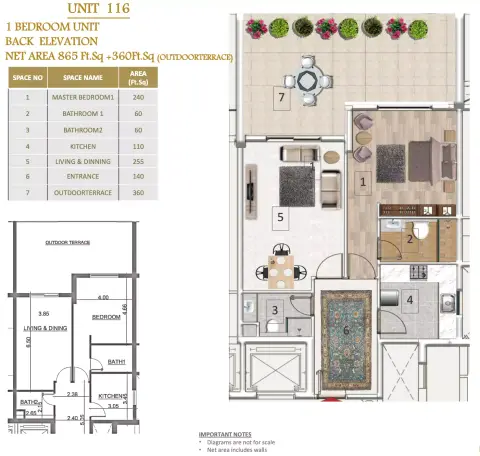 Plattegrond van 1 slaapkamer in The Maiden Residence