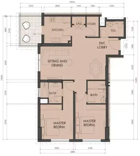 Plattegrond van 2 slaapkamers in Living Legends Phase 5