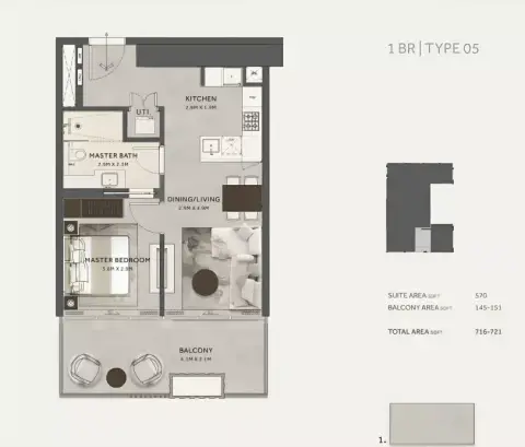 Plattegrond van 1 slaapkamer in Marriott Residences By Octa