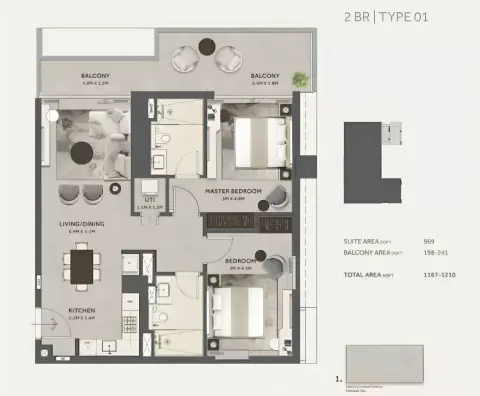 Plattegrond van 2 slaapkamers in Marriott Residences By Octa