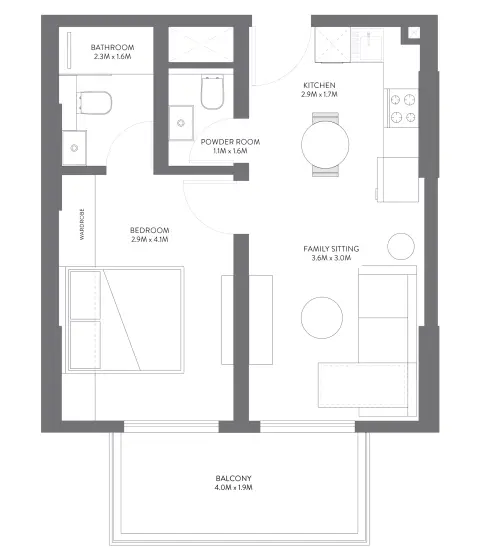 Plattegrond van 1 slaapkamer in Equiti Gate