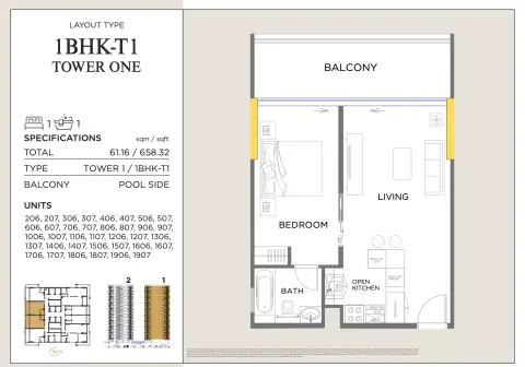 Plattegrond van 1 slaapkamer in Royal Regency Suites