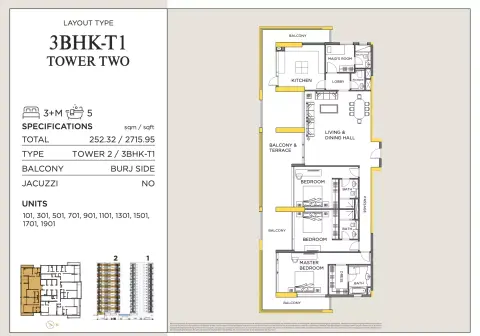Plattegrond van 3 slaapkamers in Royal Regency Suites