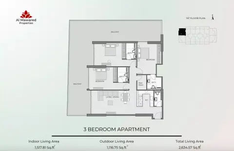 Plattegrond van 3 slaapkamers in Barari Parkview By Al Mawared