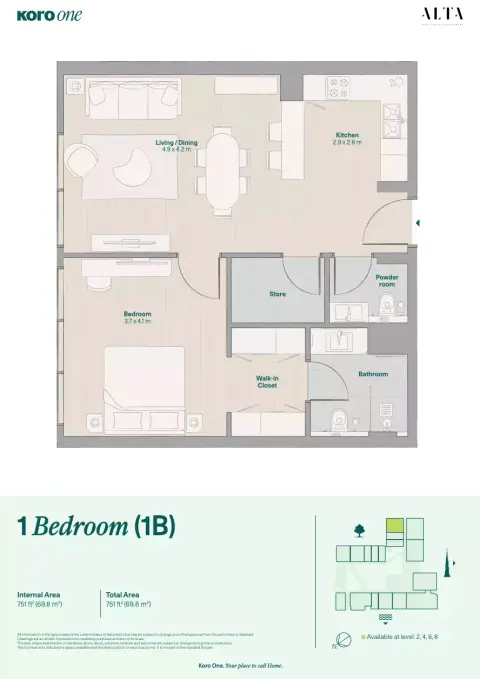 Plattegrond van 1 slaapkamer in KORO One