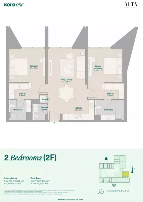 Plattegrond van 2 slaapkamers in KORO One
