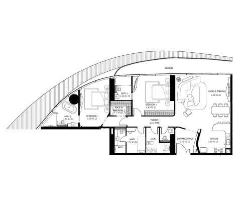 Plattegrond van 2 slaapkamers in Bugatti Residences By Binghatti