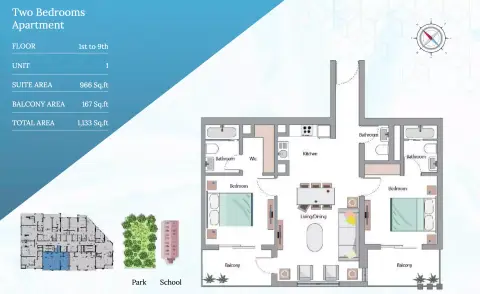 Plattegrond van 2 slaapkamers in Edison House