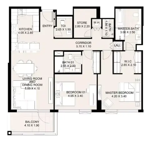 Plattegrond van 2 slaapkamers in Canal Front Residences Phaze 6 By Meydan Group