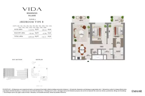 Plattegrond van 2 slaapkamers in Vida Residences Hillside
